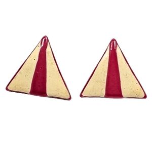 Vintage 80s Pink White Striped Enamel Triangle Post Earrings Gold Tone Geometric